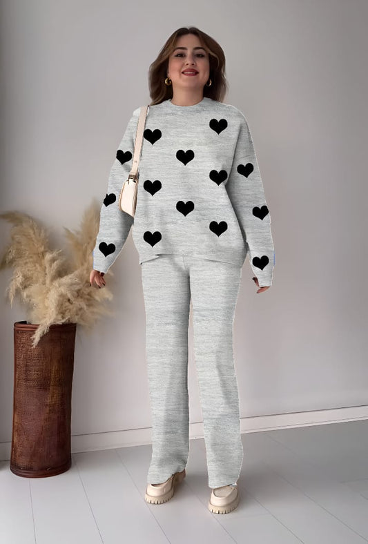 Winter 2PC Heart Printed Sweatshirt & Trouser Set