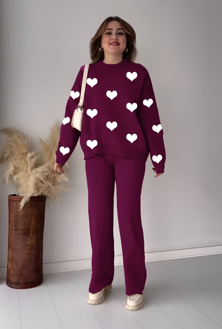 Winter 2PC Heart Printed Sweatshirt & Trouser Set