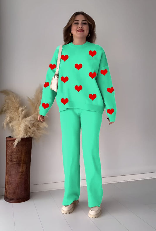 Winter 2PC Heart Printed Sweatshirt & Trouser Set